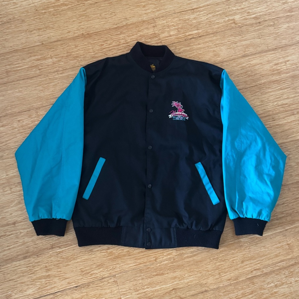 Vintage Flamingo Hotel Laughlin black blue bomber jacket
